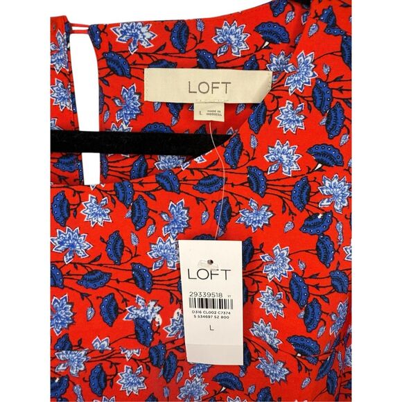 LOFT Women’s Large Border Floral Tie Waist Dress Red Stretch Boho NEW - Picture 7 of 10